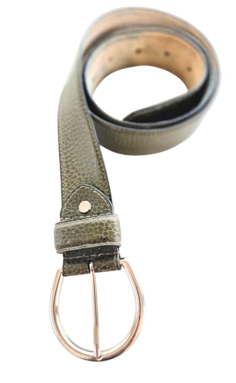 Vintage Womens Leather Belt Size M Olive Green Silver Buckle Textured 1980's